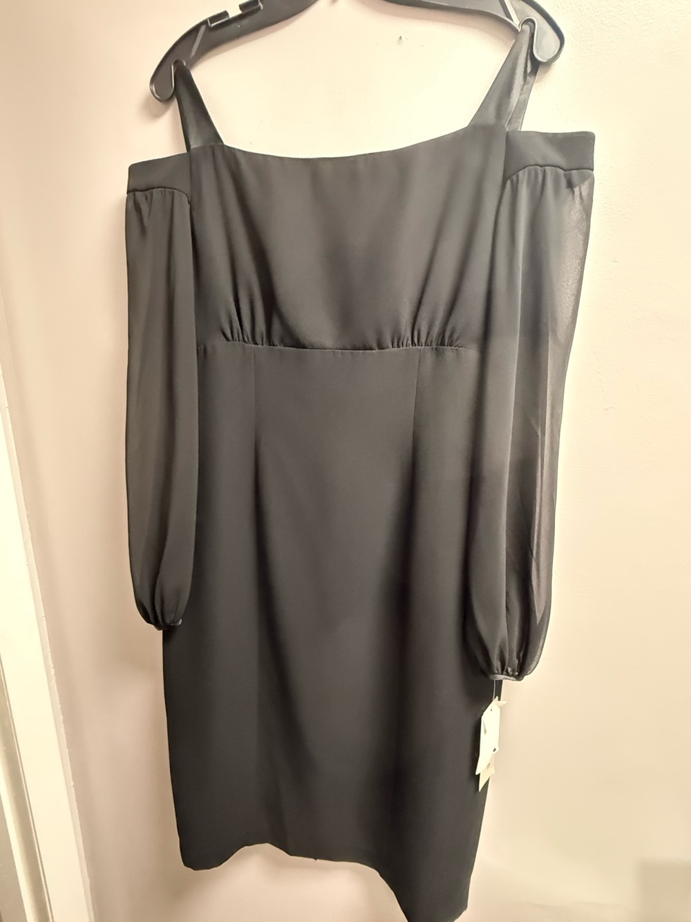 NWT Evan Picone Chic Black Off-Shoulder Sheer Long Sleeve Dress Satin Straps 12